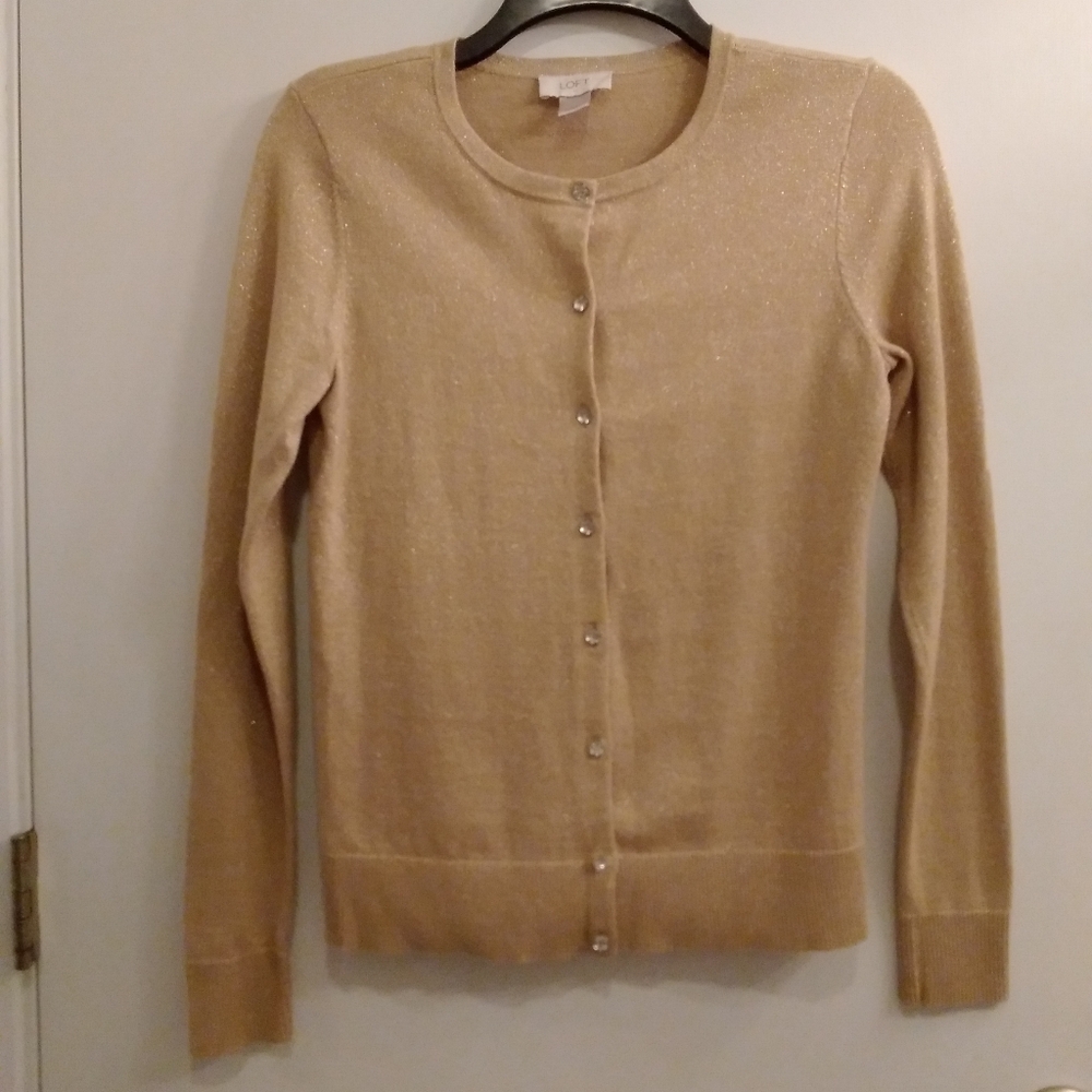 Gold Sparkly cardigan with crystal rhinestone style buttons XS Loft EUC